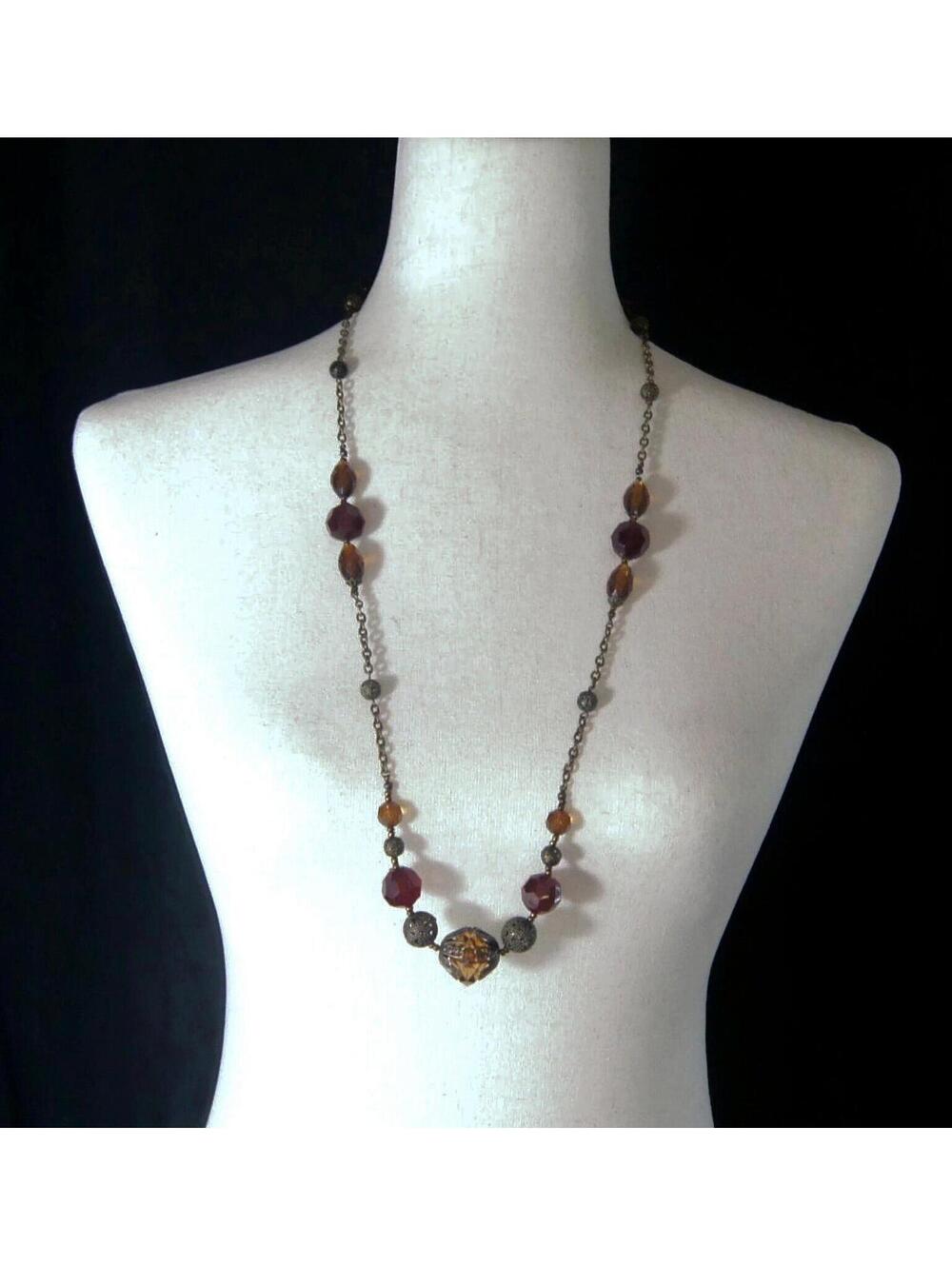 Vintage Avon Brass Tone, Red Acrylic and Brown Acrylic Beaded Necklace.